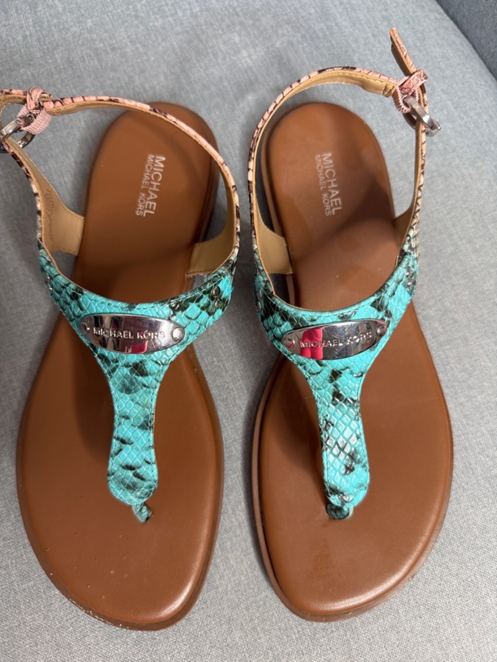 Michael Kors Turquoise Snake-Print T-Strap Sandals with Brown Footbed 9